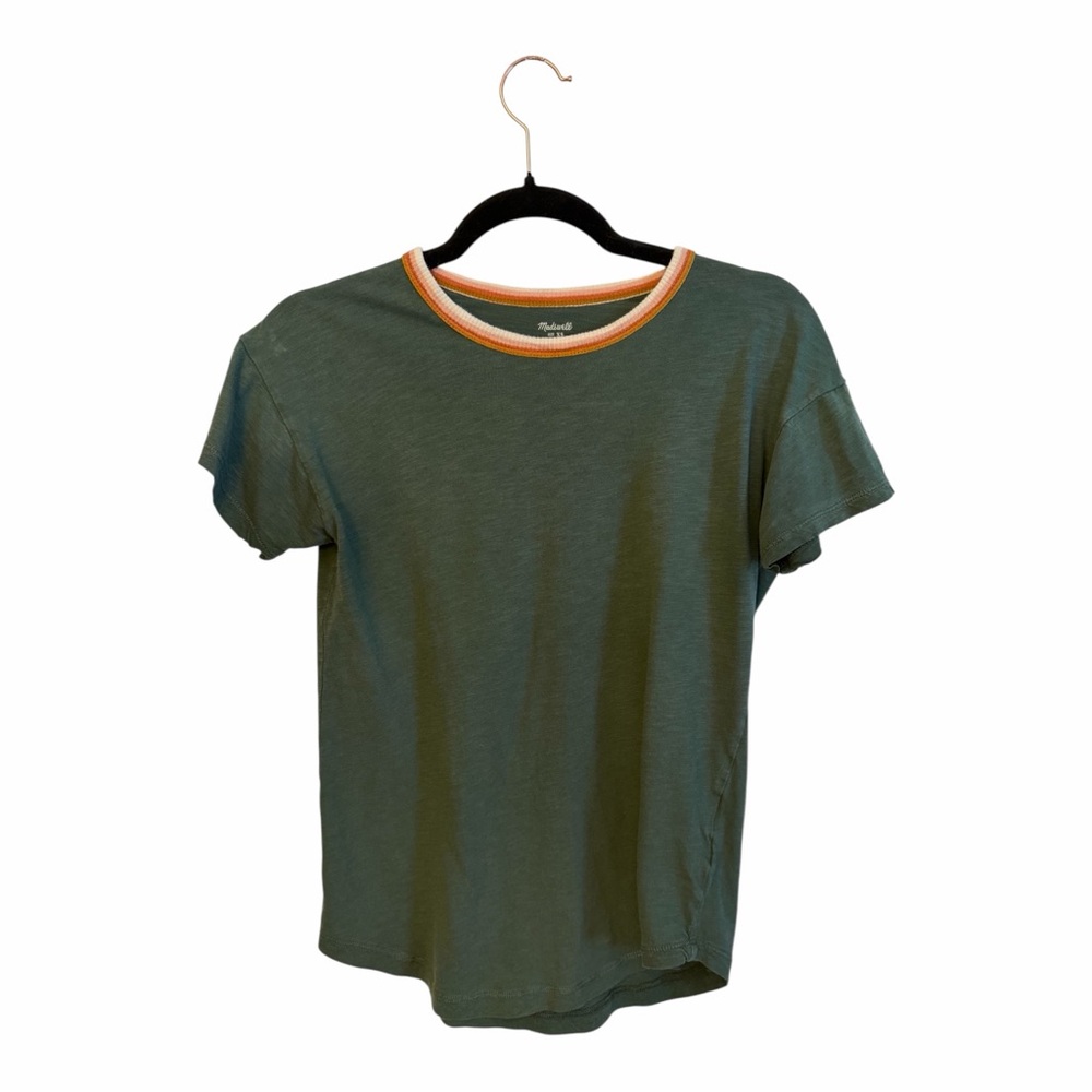 Madewell Olive Tee with Orange/Pink/White Collar Accents Size XS